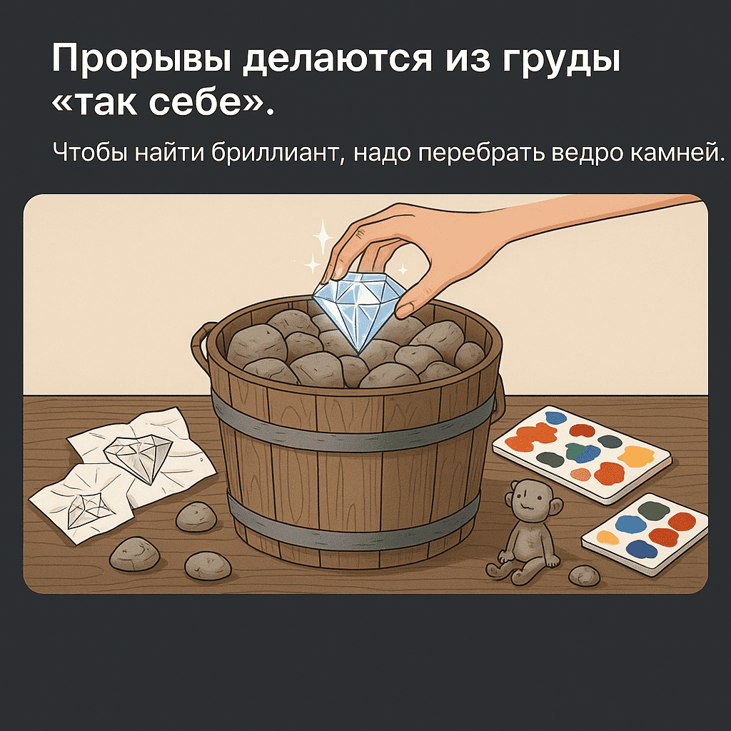 Бриллиант в ведре с камнями, иллюстрация для книги о це.