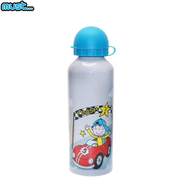 MUST Металлическая бутылочка с Ярким рисунком (без BPA) (500ml) для мальчиков от 3+ лет Серая с Машинкой