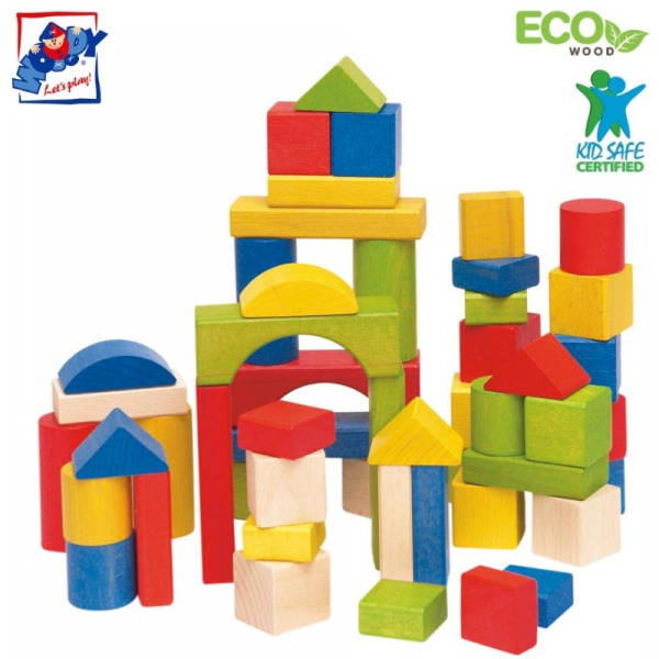 Woody 90651 Деревянные развивающие цветные кубики разной форы для построение (50шт.) для детей от 1 года +