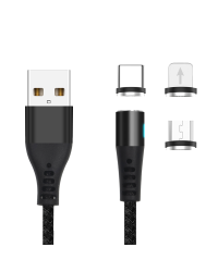 Maxlife MXUC-02 magnetic cable USB - Lightning + USB-C + microUSB 1,0 m 2A black nylon