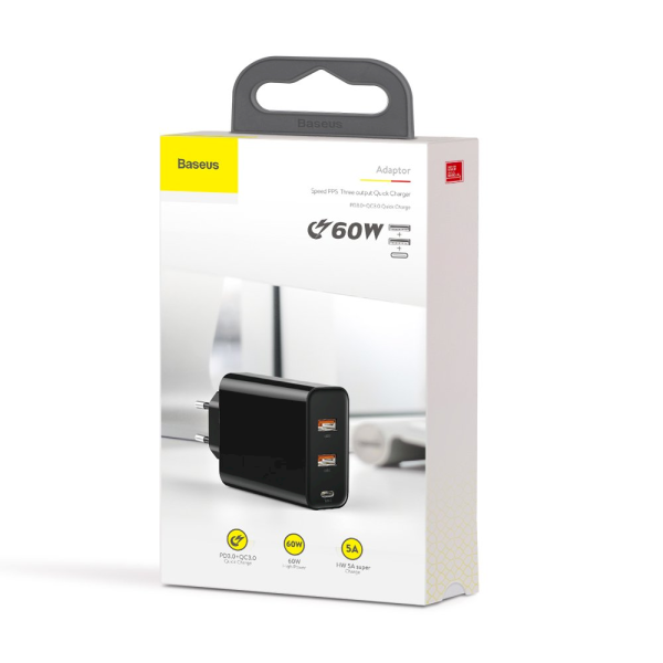 Baseus Speed CCFS-G01 Сетевое зарядное устройство 2 x USB / USB-C / 60W / 5A / Quick Charge 3.0 / Черное