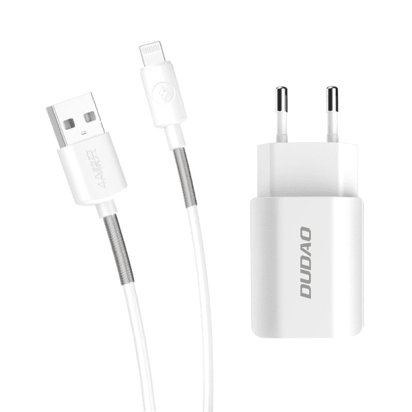 Dudao 2x USB Home Travel EU Adapter Wall Charger 5V/2.4A + Lightning cable white (A2EU + Lightning white)