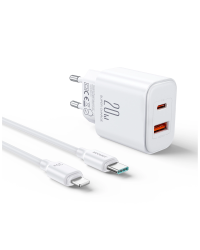 Joyroom JR-TCF05 20W USB-C | USB-A Fast Dual Port Wall Charger - White + USB-C - Lightning 1m