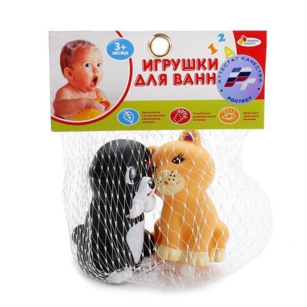 ИГРУШКИ ДЛЯ ВАННОЙ "ИГРАЕМ ВМЕСТЕ" ЩЕНОК+КОТ В СЕТКЕ (РУСС. УП.) в кор.2*50шт