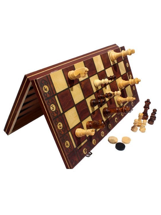 Шахматы деревянные 3 в 1 (поле 24 см),шахматы-магн., дерево, шашки-пласт. без магнита (Арт. P00032)
