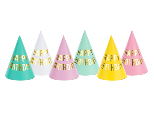 Party hats Happy Birthday, mix, 16cm (1 pkt / 6 pc.)