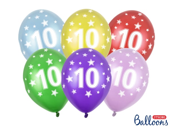 Balloons 30cm, 10th Birthday, Metallic Mix (1 pkt / 6 pc.)