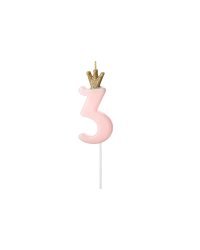 Birthday candle Number 3, light pink, 9.5cm