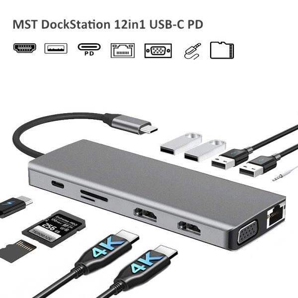 RoGer MST Dock Station 12in1 Lite Док станция для портативного компьютера USB-C на 2x HDMI / 4x USB3.0 / SD/TF / VGA / LAN