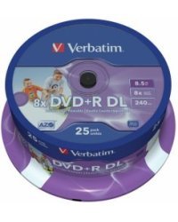 Verbatim Матрицы DVD+R DL 8.5GB Double Layer 8x AZO Wide Printable non ID 25 Pack Spindle