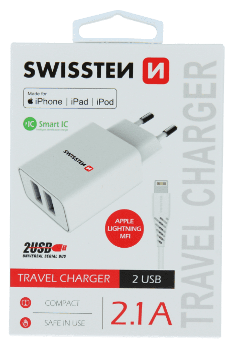 Swissten Smart IC Зарядное устройство 2x USB 2.1A c проводом Lightning MFI 1.2 m