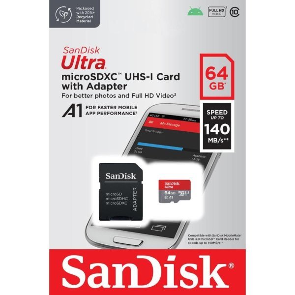 Sandisk Ultra Android microSDXC 64GB 140MB/s A1 Cl.10 UHS-I Карта памяти + Адаптер