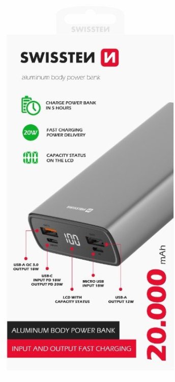 Swissten Aluminium Power Bank Переносная зарядная батарея 2xUSB / USB-C / Micro USB / 20W / 20000 mAh