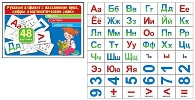 Русский алфавит с названиями букв, цифры и математические знаки (комплект карточек, 48 штук)