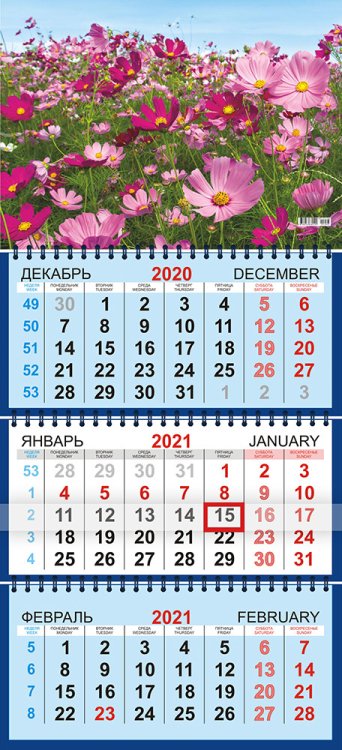 Календарь трёхблочный (квартальный) на 2021 год &quot;Цветы&quot;