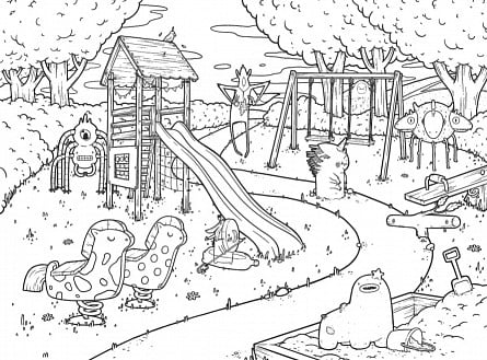 Детская игровая площадка раскраски векторная иллюстрация черно-белого