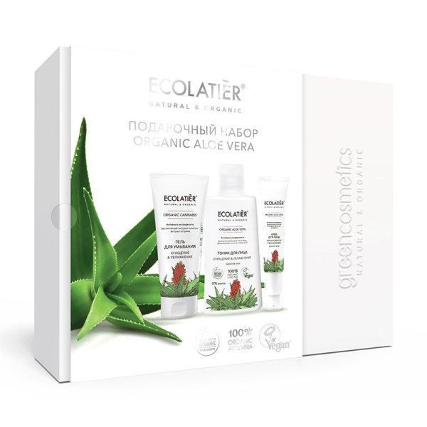Подарочный набор ECOLATIER &quot;Organic Aloe Vera&quot; (гель для умывания 75 мл, тоник для лица 150 мл, дневной крем 30 мл)
