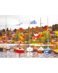 Холст с красками Яркие лодки у берега, 40х50 см