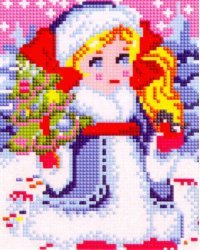Алмазная мозаика. Снежная девочка с ёлочкой и снегирем