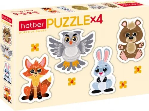 Puzzle. Набор фигурных пазлов, 4 в 1. Лесные звери