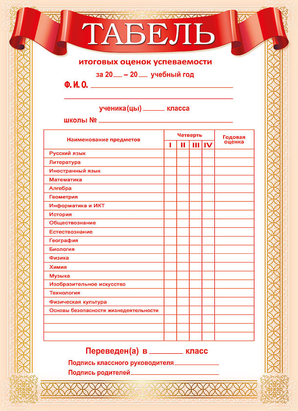 Образец табель успеваемости ученика начальной школы образец