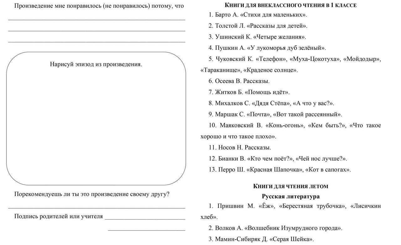 Читательский дневник. 1 класс. Программа 